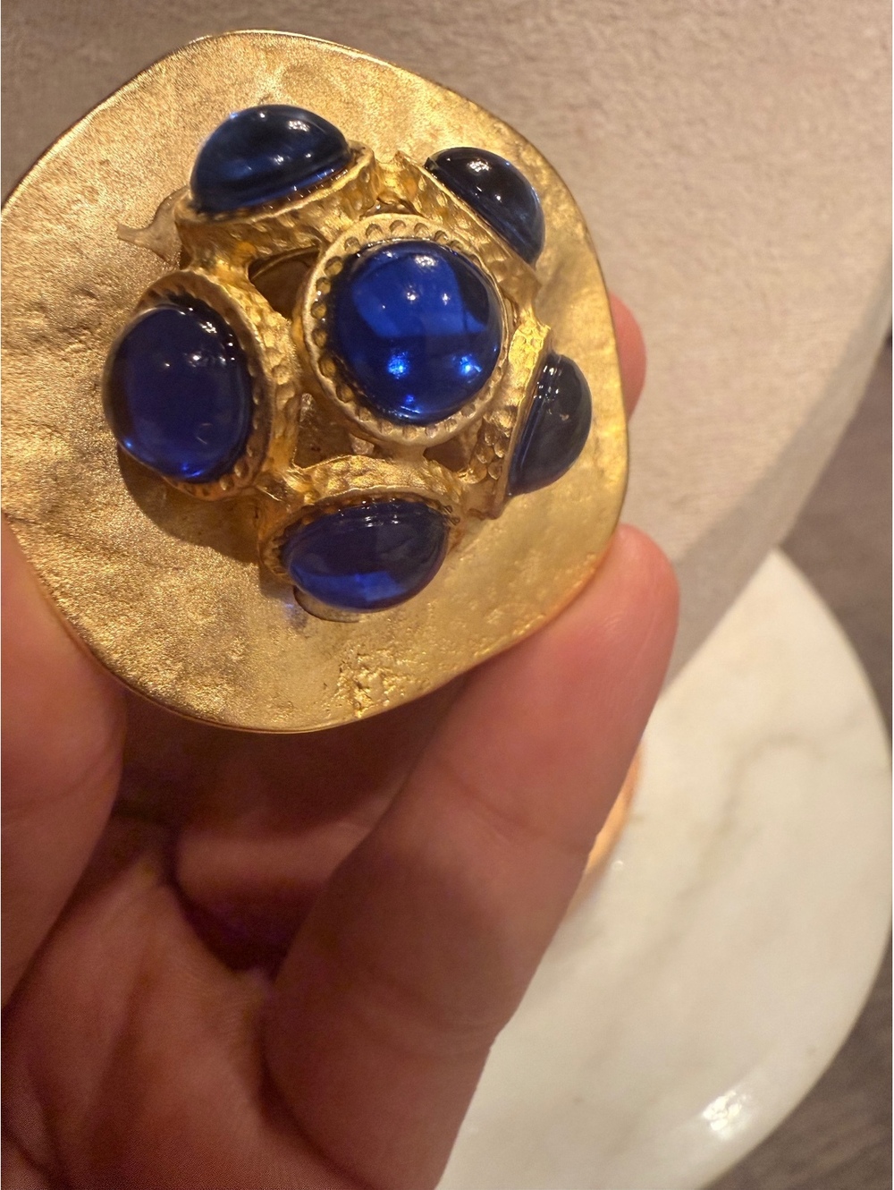 Artisan Gold Tone Statement Ring w/ Blue Cabochon Stones and Vintage Components - Picture 4 of 5